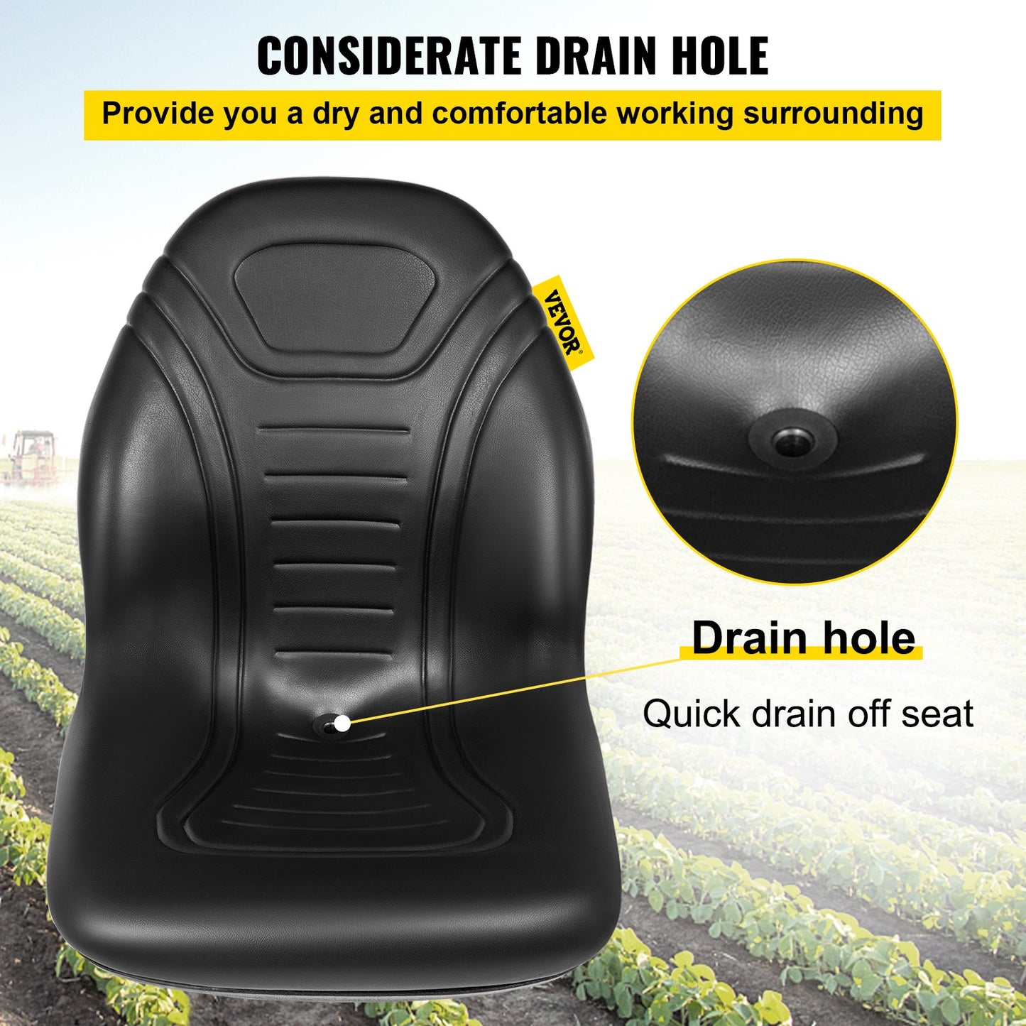 Universal Tractor Seat Replacement 2 Pack, Compact High Back Mower Seat Pair, Black Vinyl Forklift Seat, Central Drain Hole Skid Steer Seat with Mounting Bolt Patterns
