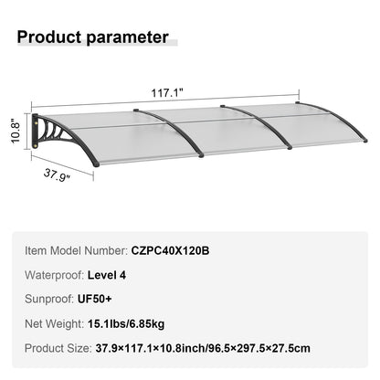 Window Door Awning Canopy, 120" x 40" Door Canopy Exterior, UF50+ PC Sunshade Sheet Awnings, Outdoor Patio Awning Sun Shade, Transparent, Waterproof, for Sun Shutter, UV, Rain, Snow Protection