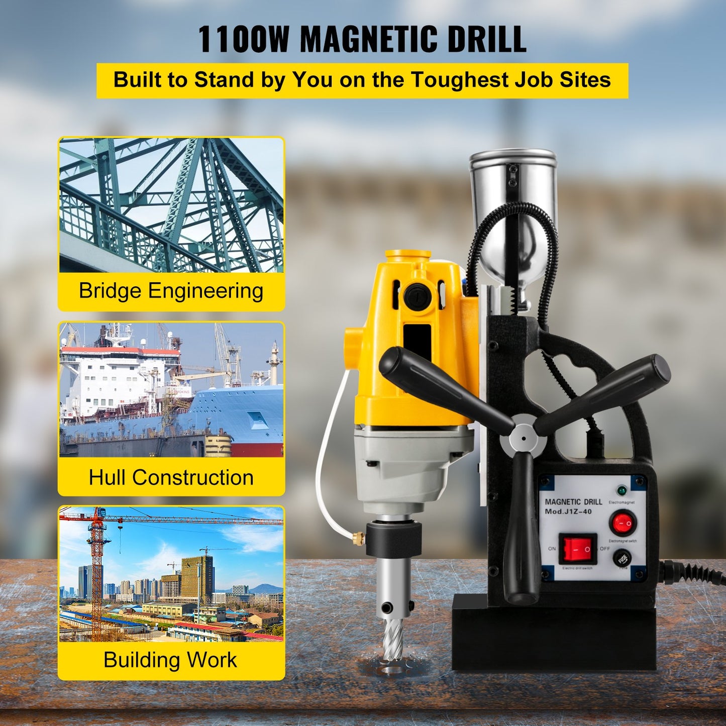 MD40 1-1/2 Zoll elektrische Magnetbohrmaschine mit 11-teiligem HSS-Fräsersatz, präziser Ringfräsersatz, kompakte, umschaltbare Evolution-1100-W-Magnetleistung