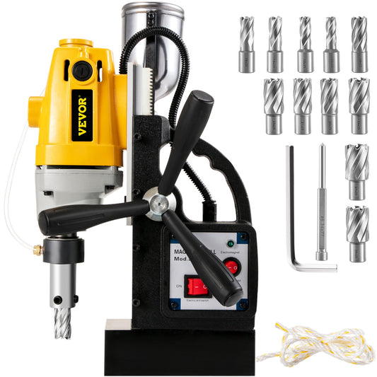 MD40 1-1/2 Inch Electric Magnetic Drill Press Drilling Machine with 11PCS HSS Cutter Set Precise Annular Cutter Set Compact Switchable Evolution 1100W Magnetic Power