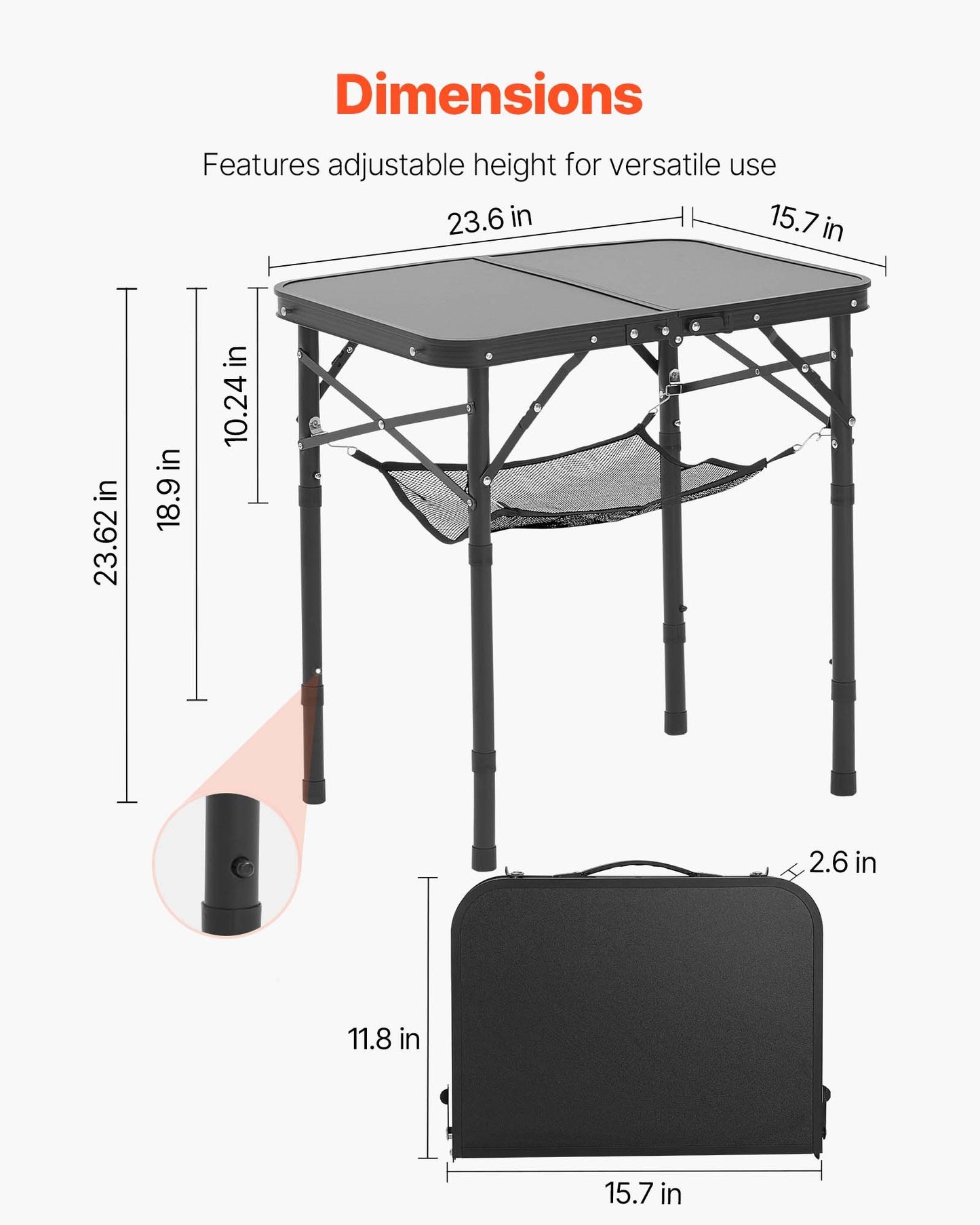 Folding Camping Table, Adjustable Height Portable Side Tables, Aluminum MDF Beach Table with Mesh Layer, Carrying Handle, Lightweight Compact for Outdoor Picnic BBQ Cooking, 24x16in, Black