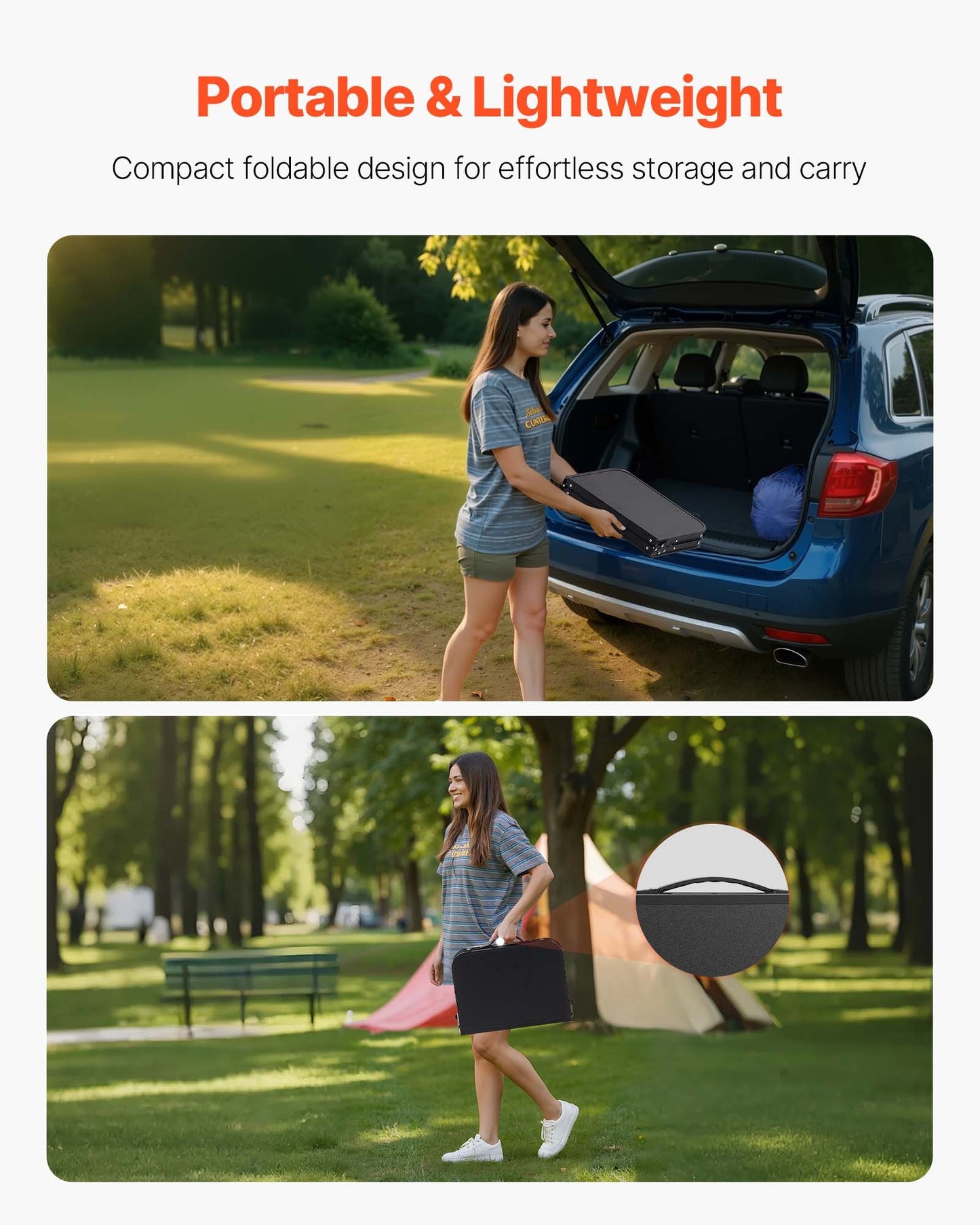 Folding Camping Table, Adjustable Height Portable Side Tables, Aluminum MDF Beach Table with Mesh Layer, Carrying Handle, Lightweight Compact for Outdoor Picnic BBQ Cooking, 24x16in, Black