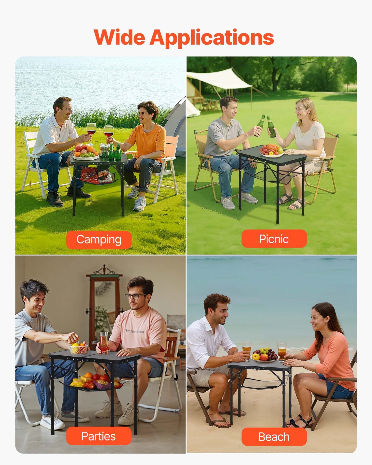 Folding Camping Table, Adjustable Height Portable Side Tables, Aluminum MDF Beach Table with Mesh Layer, Carrying Handle, Lightweight Compact for Outdoor Picnic BBQ Cooking, 24x16in, Black