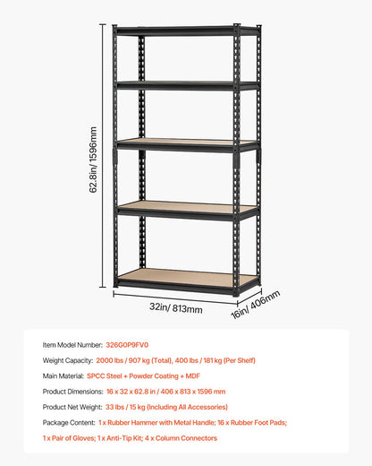 Storage Shelves 16" D x 32" W x 62.8" H 5-Tier Garage Storage Shelves