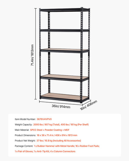 Storage Shelves 16" D x 36" W x 71.4" H 5-Tier Garage Storage Shelves