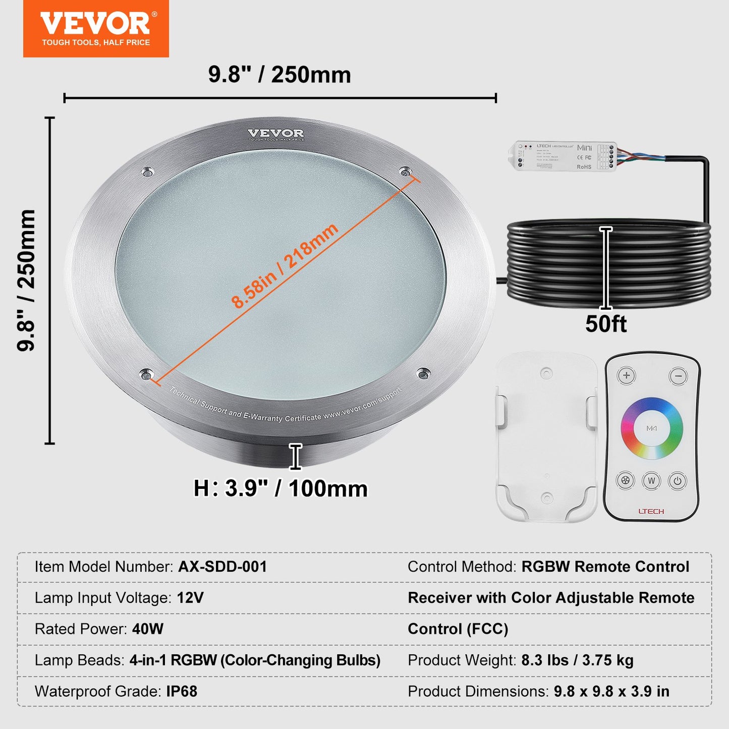 12V LED Pool Illumination, 10" Diameter 40W, Multi-Color RGBW, Submersible Light for Pools & Spas, Includes 50 FT Cable & Remote, Suitable for 10" Wet Niches, IP68