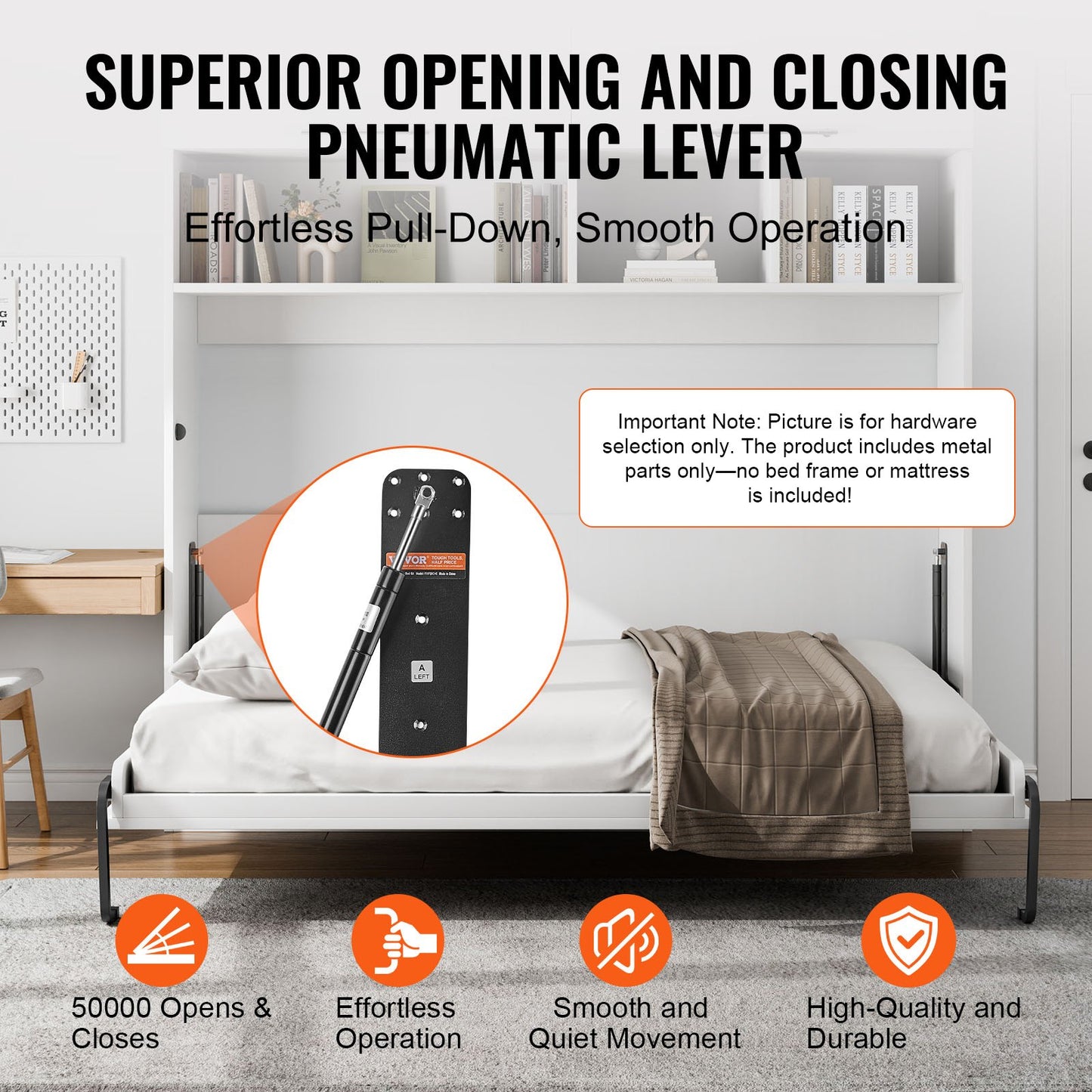 Murphy Bed Kit, Queen Size, Deluxe DIY Wall Bed Mechanical Hardware Kit, Pneumatic Lever Heavy Duty Bed Frame Support, Folding Cabinet Wall Bed Space Saving Design for Guestroom, Easy to Build