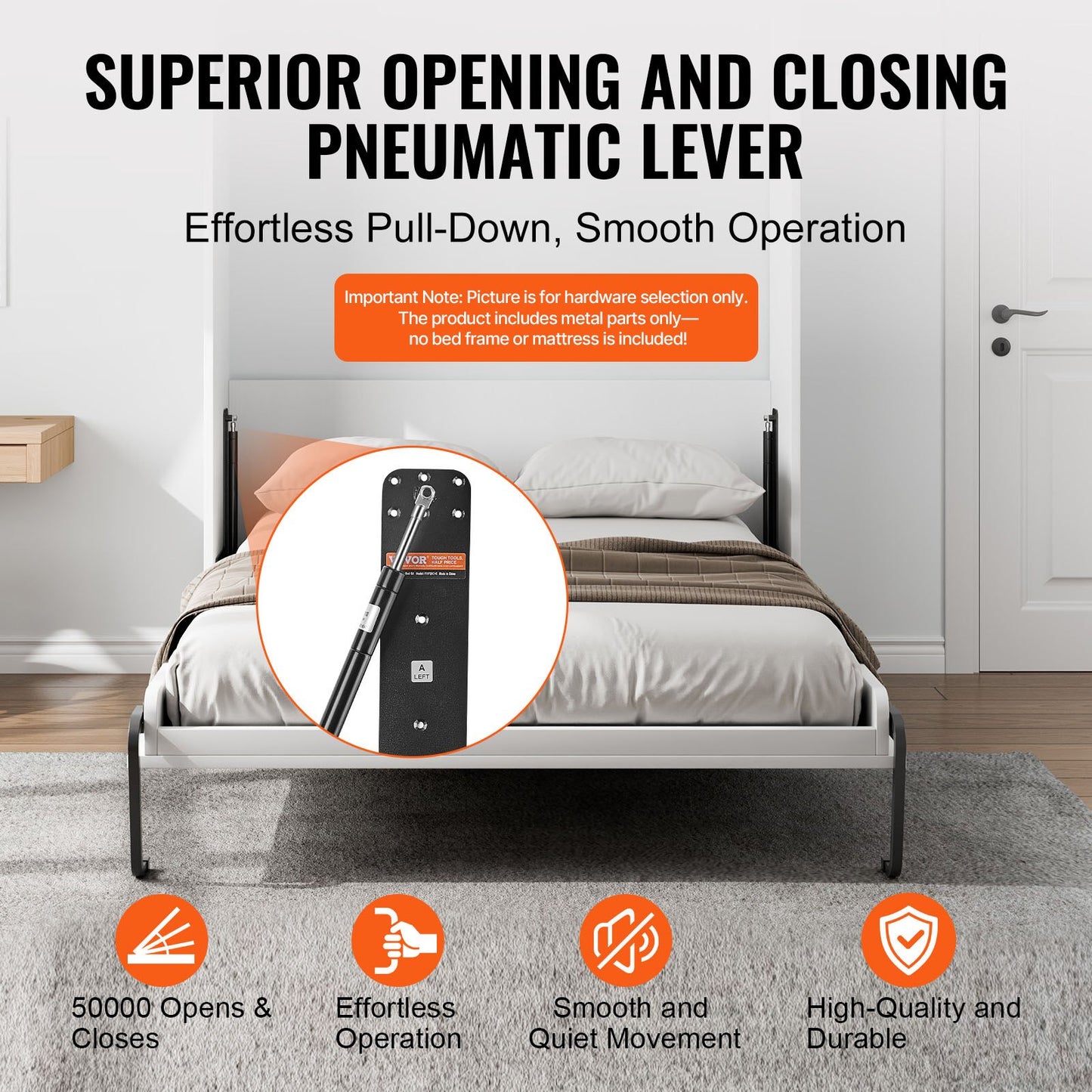 Murphy Bed Kit, Full Size, Vertical Deluxe DIY Wall Bed Mechanical Hardware Kit, Pneumatic Lever Heavy Duty Bed Frame Support, Folding Cabinet Wall Bed Space Saving Design for Guestroom