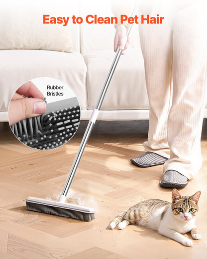 Pet Hair Removal Broom, 58.46 in Adjustable Long Handle, Rubber Broom with Built in Squeegee Reusable Dog Cat Hair Remover, for Couch Furniture Hardwood Floor Tile