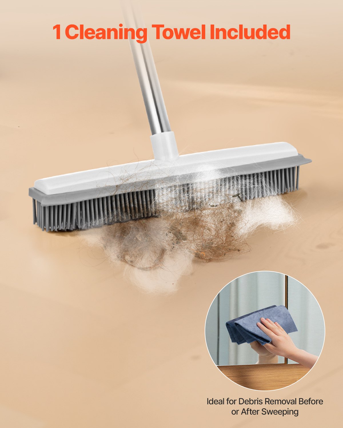 Pet Hair Removal Broom, 58.46 in Adjustable Long Handle, Rubber Broom with Built in Squeegee Reusable Dog Cat Hair Remover, for Couch Furniture Hardwood Floor Tile