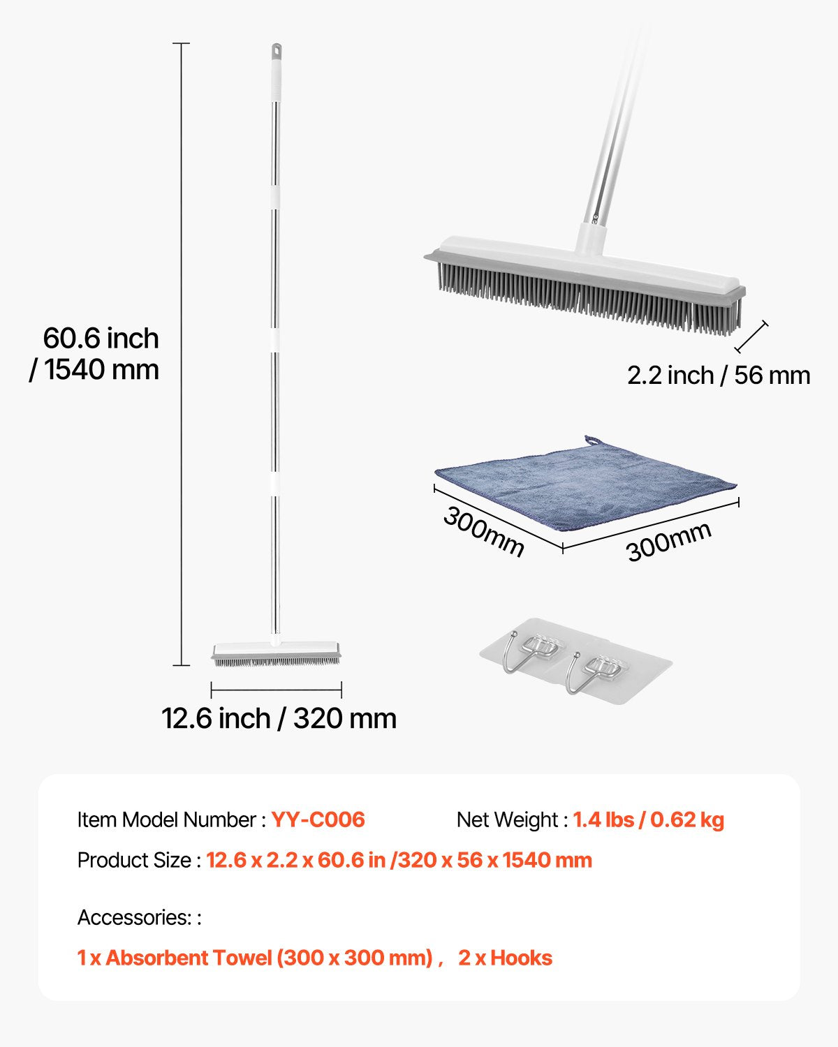 Pet Hair Removal Broom, 58.46 in Adjustable Long Handle, Rubber Broom with Built in Squeegee Reusable Dog Cat Hair Remover, for Couch Furniture Hardwood Floor Tile