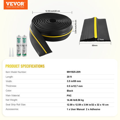 Garage Door Threshold Seal Strip, 20 FT Universal Garage Door Floor Seal Strip with Adhesive, Garage Door Bottom Weatherproof Strip, Upgraded Thick PVC DIY Weather Stripping Replacement, Black