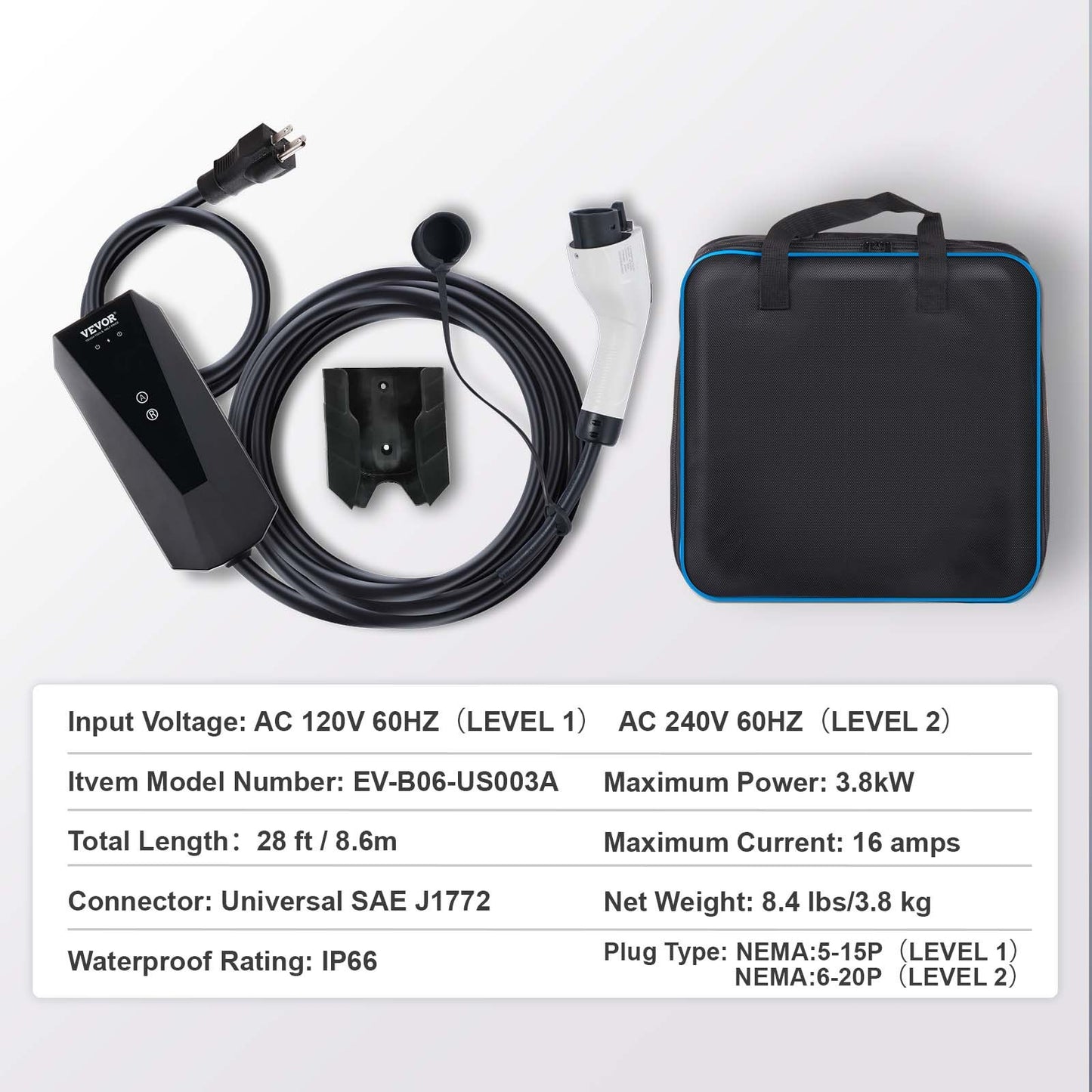 Level 1+2 Portable EV Charger, 16 Amp 120V or 240V, Electric Vehicle Charger with 28-Foot Charging Cable NEMA 6-20P Plug NEMA 5-15 Adapter, Plug-in Home EV Charging Station for SAE J1772 EVs