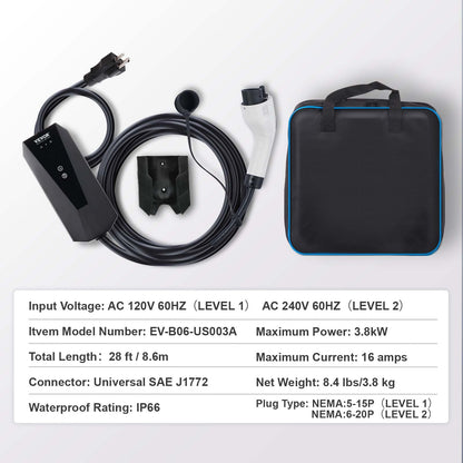 Level 1+2 Portable EV Charger, 16 Amp 120V or 240V, Electric Vehicle Charger with 28-Foot Charging Cable NEMA 6-20P Plug NEMA 5-15 Adapter, Plug-in Home EV Charging Station for SAE J1772 EVs