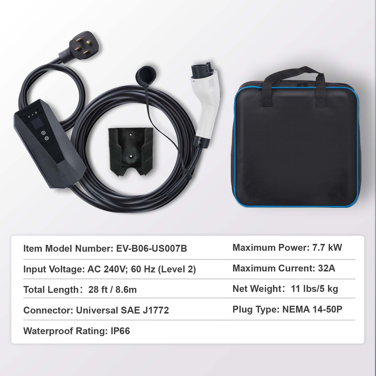Level 2 Portable EV Charger, 32 Amp 240V, Electric Vehicle Charger with 28 ft Charging Cable NEMA 14-50P Plug, 16/20/24/32A Adjustable Current Plug-in Home EV Charging Station for SAE J1772 EVs