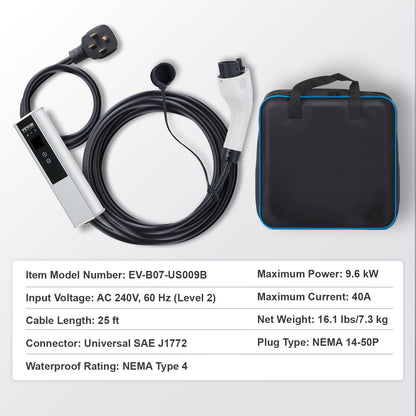 Level 2 Portable EV Charger, 40A 240V, Electric Vehicle Charger with 25 ft Charging Cable NEMA 14-50P Plug, 40A/32A/24A/16A Adjustable Current Plug-in Home EV Charging Station for SAE J1772 EVs