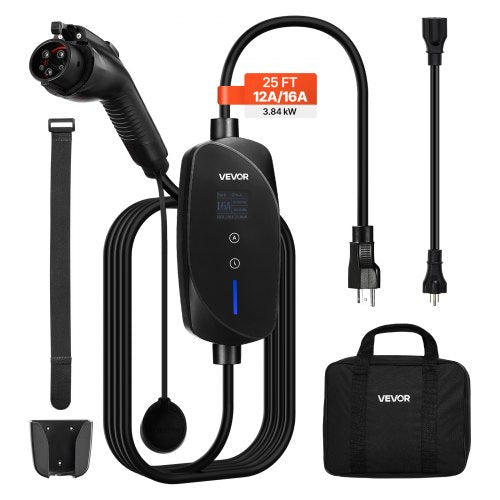 Level 1&2 EV Charger, 16 Amp Adjustable Current, Electric Vehicle Portable Charger with 25 ft Cable, 120V-240V, NEMA 6-20P Plug NEMA 5-15 Adapter, LCD, Home Car Charging Station for SAE J1772 EV
