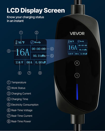Level 1&2 EV Charger, 16 Amp Adjustable Current, Electric Vehicle Portable Charger with 25 ft Cable, 120V-240V, NEMA 6-20P Plug NEMA 5-15 Adapter, LCD, Home Car Charging Station for SAE J1772 EV
