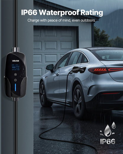 Level 1&2 EV Charger, 16 Amp Adjustable Current, Electric Vehicle Portable Charger with 25 ft Cable, 120V-240V, NEMA 6-20P Plug NEMA 5-15 Adapter, LCD, Home Car Charging Station for SAE J1772 EV