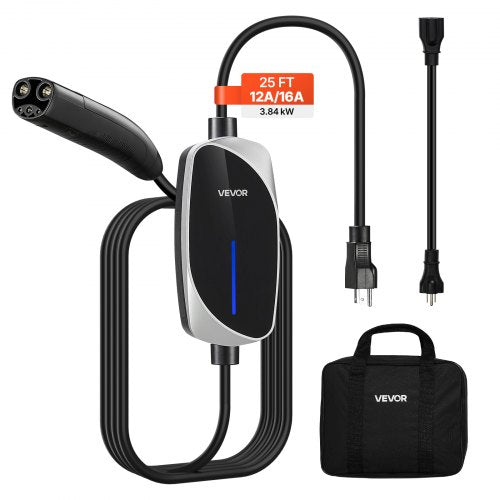 Level 1/2 Tesla Charger, 16 Amp, Portable Electric Car EV Charger with 25 ft Charging Cable, 120V-240V, NEMA 6-20P Plug NEMA 5-15 Adapter, LED Indicator, NACS Connector for Tesla Model Y/X/3/S