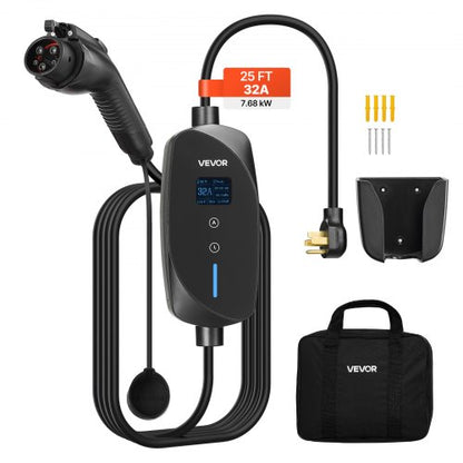 Level 2 EV Charger, 32 Amp Adjustable Current, 240V Electric Vehicle Portable Charger with 25 ft Charging Cable, NEMA 14-50P Plug, LCD Display, Plug-in Home Car Charging Station for SAE J1772 EV