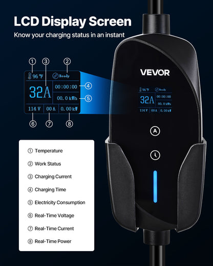 Level 2 EV Charger, 32 Amp Adjustable Current, 240V Electric Vehicle Portable Charger with 25 ft Charging Cable, NEMA 14-50P Plug, LCD Display, Plug-in Home Car Charging Station for SAE J1772 EV