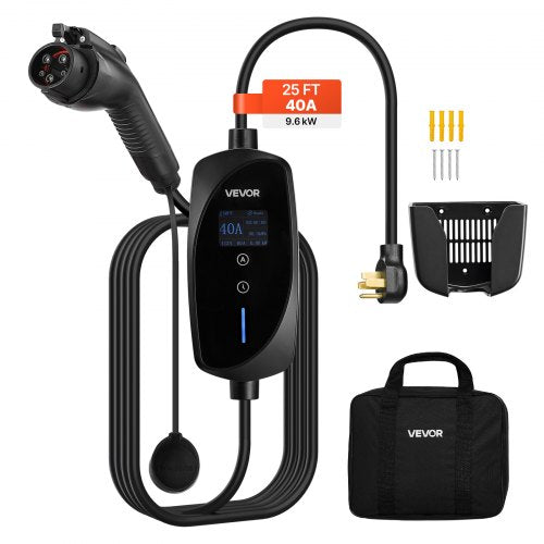 Level 2 EV Charger, 40 Amp Adjustable Current, 240V Electric Vehicle Portable Charger with 25 ft Charging Cable, LCD Display, NEMA 14-50P Plug, Plug-in Home Car Charging Station for SAE J1772 EV