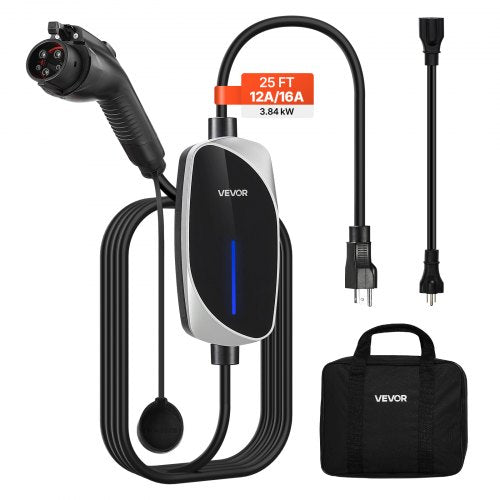 Level 1&2 EV Charger, 16 Amp, Electric Vehicle Portable Charger with 25 ft Charging Cable, 120V-240V, NEMA 6-20P Plug NEMA 5-15 Adapter, LED Indicator, Home Car Charging Station for SAE J1772 EV