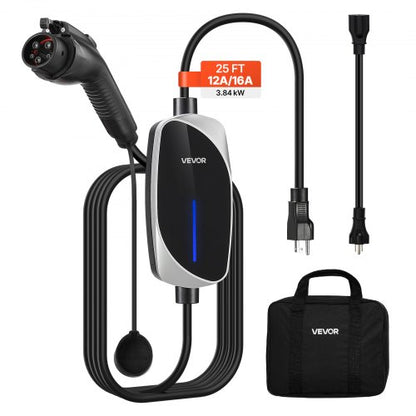 Level 1&2 EV Charger, 16 Amp, Electric Vehicle Portable Charger with 25 ft Charging Cable, 120V-240V, NEMA 6-20P Plug NEMA 5-15 Adapter, LED Indicator, Home Car Charging Station for SAE J1772 EV