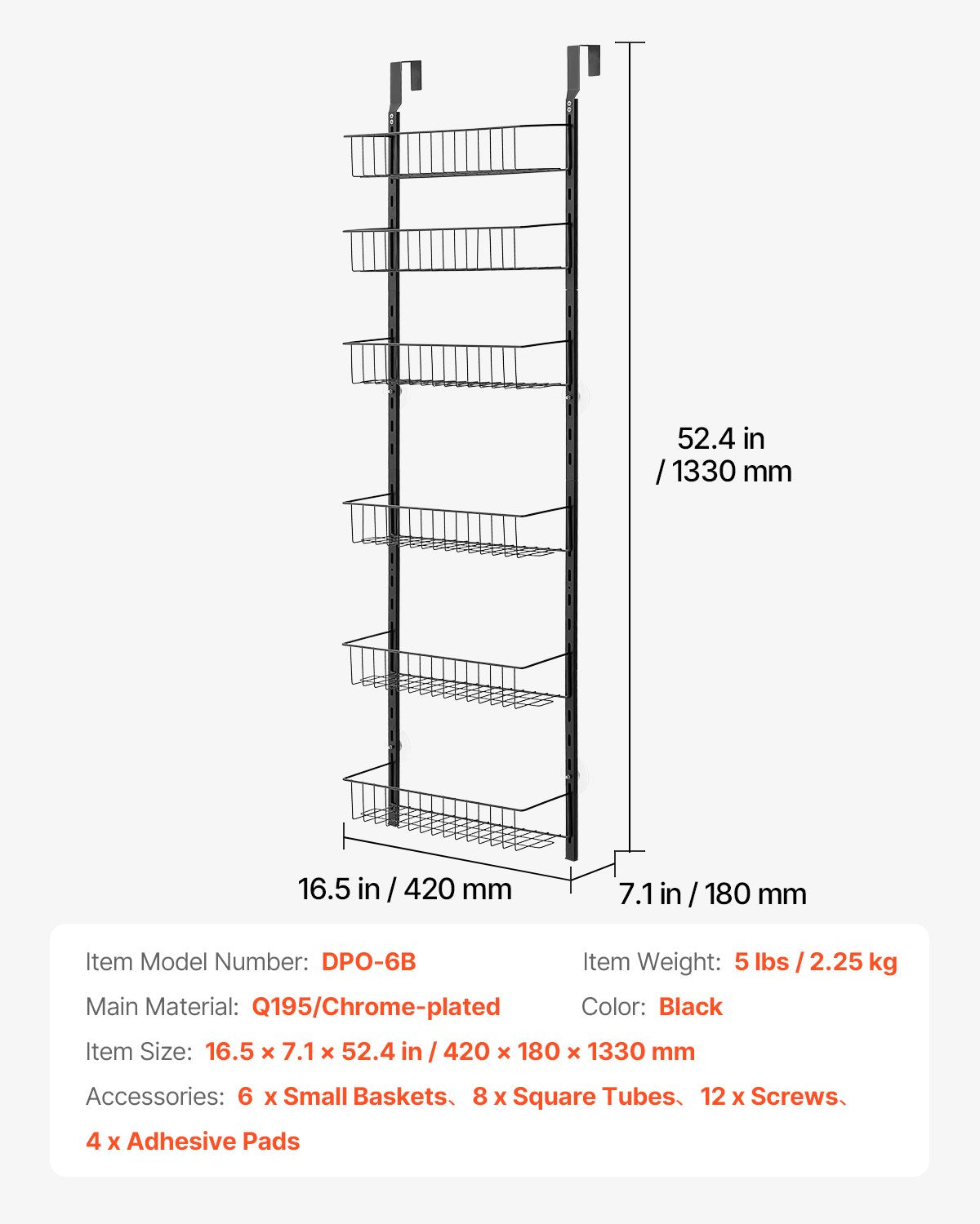 6-Tier Over the Door Pantry Organizer Hanging Storage Rack Adjustable