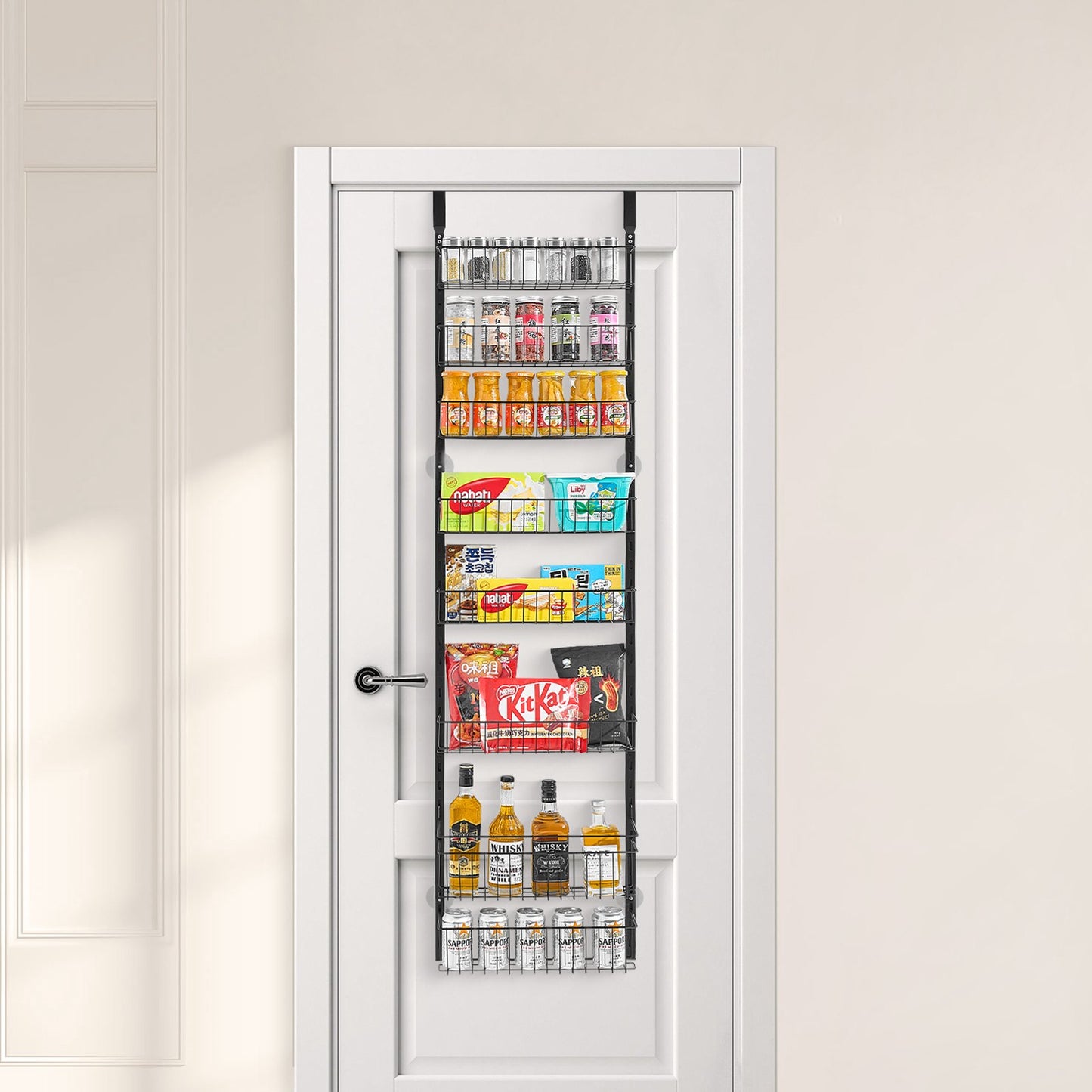 Over the Door Pantry Organizer, 8-Tier Pantry Organization and Storage, Heavy-Duty Steel Hanging Spice Rack, Adjustable Wall Seasoning Shelves, for Home Kitchen Laundry Room Bathroom, Black