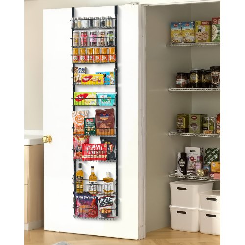 Over the Door Pantry Organizer, 9-Tier Pantry Organization and Storage, Heavy-Duty Steel Hanging Spice Rack, Adjustable Wall Seasoning Shelves, for Home Kitchen Laundry Room Bathroom, Black