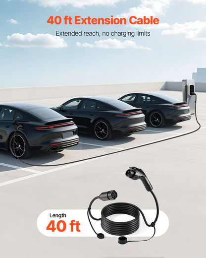 EV Charger Extension Cable, 32Amp 40 ft J1772 Extension Cord Compatible with 120V-240V SAE J1772 Electric Vehicle Chargers, Level 1/Level 2 IP66 Heavy Duty Car Charging Cable with Carrying Bag