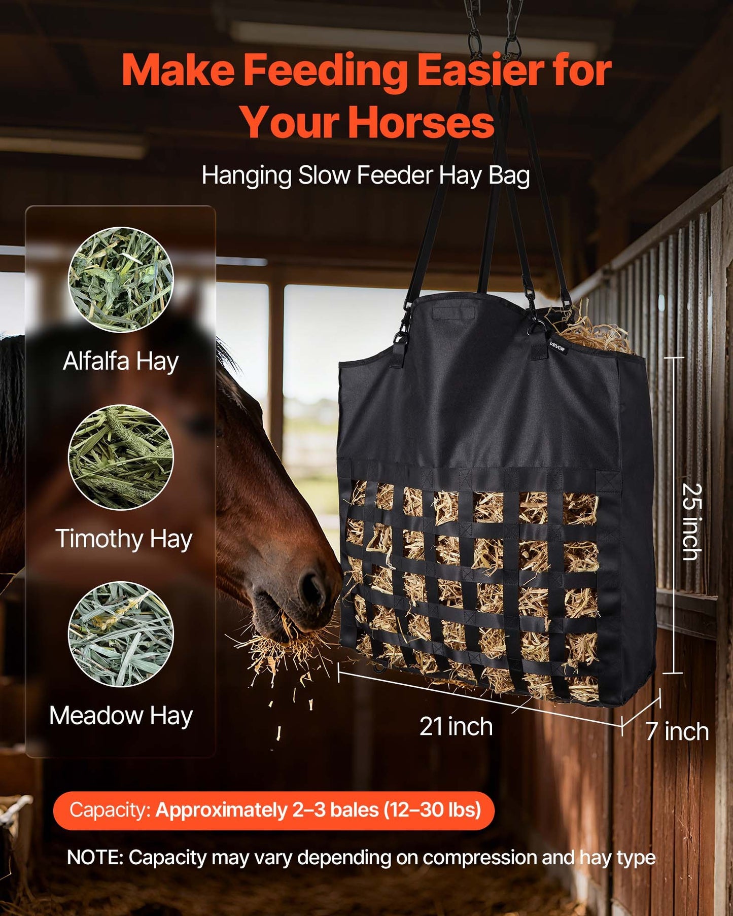 Hay Bag for Horses, 21.65 x 7.28 x 25.2 in, 1.81 x 1.81 in Holes, Premium Nylon Construction with PVC Waterproof Coating, Adjustable Hanging Straps and Metal Hooks, Slow Feed Hay Bag for Horses