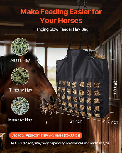 Hay Bag for Horses, 21.65 x 7.28 x 25.2 in, 1.81 x 1.81 in Holes, Premium Nylon Construction with PVC Waterproof Coating, Adjustable Hanging Straps and Metal Hooks, Slow Feed Hay Bag for Horses