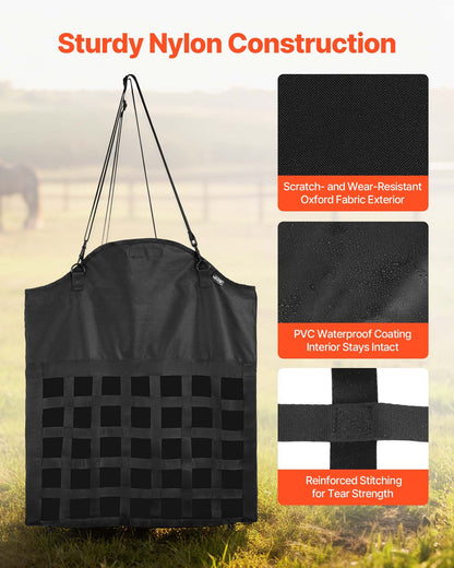 Hay Bag for Horses, 21.65 x 7.28 x 25.2 in, 1.81 x 1.81 in Holes, Premium Nylon Construction with PVC Waterproof Coating, Adjustable Hanging Straps and Metal Hooks, Slow Feed Hay Bag for Horses