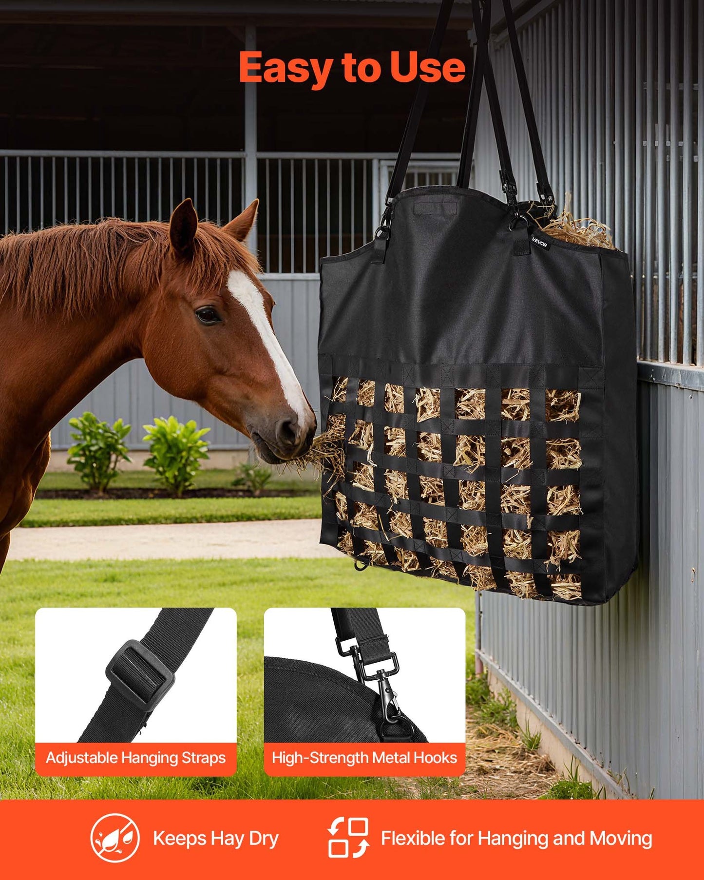 Hay Bag for Horses, 21.65 x 7.28 x 25.2 in, 1.81 x 1.81 in Holes, Premium Nylon Construction with PVC Waterproof Coating, Adjustable Hanging Straps and Metal Hooks, Slow Feed Hay Bag for Horses