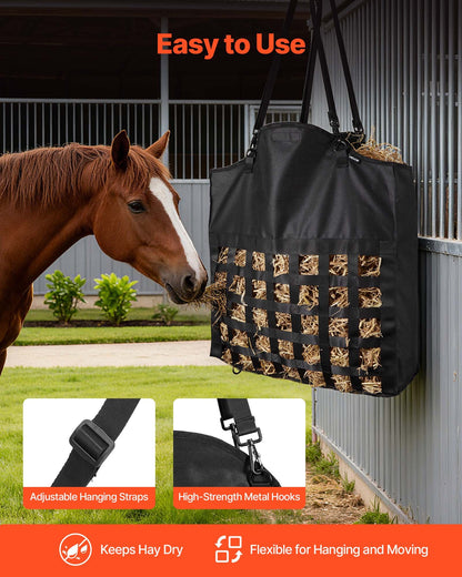 Hay Bag for Horses, 21.65 x 7.28 x 25.2 in, 1.81 x 1.81 in Holes, Premium Nylon Construction with PVC Waterproof Coating, Adjustable Hanging Straps and Metal Hooks, Slow Feed Hay Bag for Horses