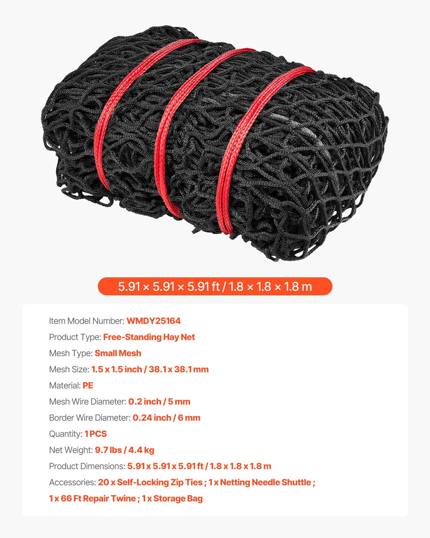 Round Bale Hay Net, 5.91 x 5.91 x 5.91 ft, 1.5 inch Holes, PE Material, Knotless Design, with Zip Ties, Needle Shuttle, Repair Twine and Storage Bag, Slow Feeder Round Bale Net for Horses