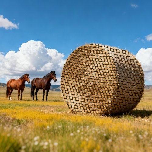 Round Bale Hay Net, 4.92 x 4.92 x 4.92 ft, 1.65 inch Holes, PE Material, Knotless Design, with Self-Locking Zip Ties, Needle Shuttle, and Repair Twine, Slow Feeder Round Bale Net for Horses