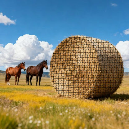 Round Bale Hay Net, 5.91 x 5.91 x 5.91 ft, 1.65 inch Holes, PE Material, Knotless Design, with Zip Ties, Needle Shuttle, Repair Twine and Storage Bag, Slow Feeder Round Bale Net for Horses
