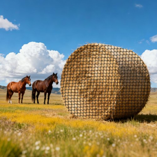 Round Bale Hay Net, 5.91 x 5.91 x 5.91 ft, 1.65 inch Holes, PE Material, Knotless Design, with Zip Ties, Needle Shuttle, Repair Twine and Storage Bag, Slow Feeder Round Bale Net for Horses