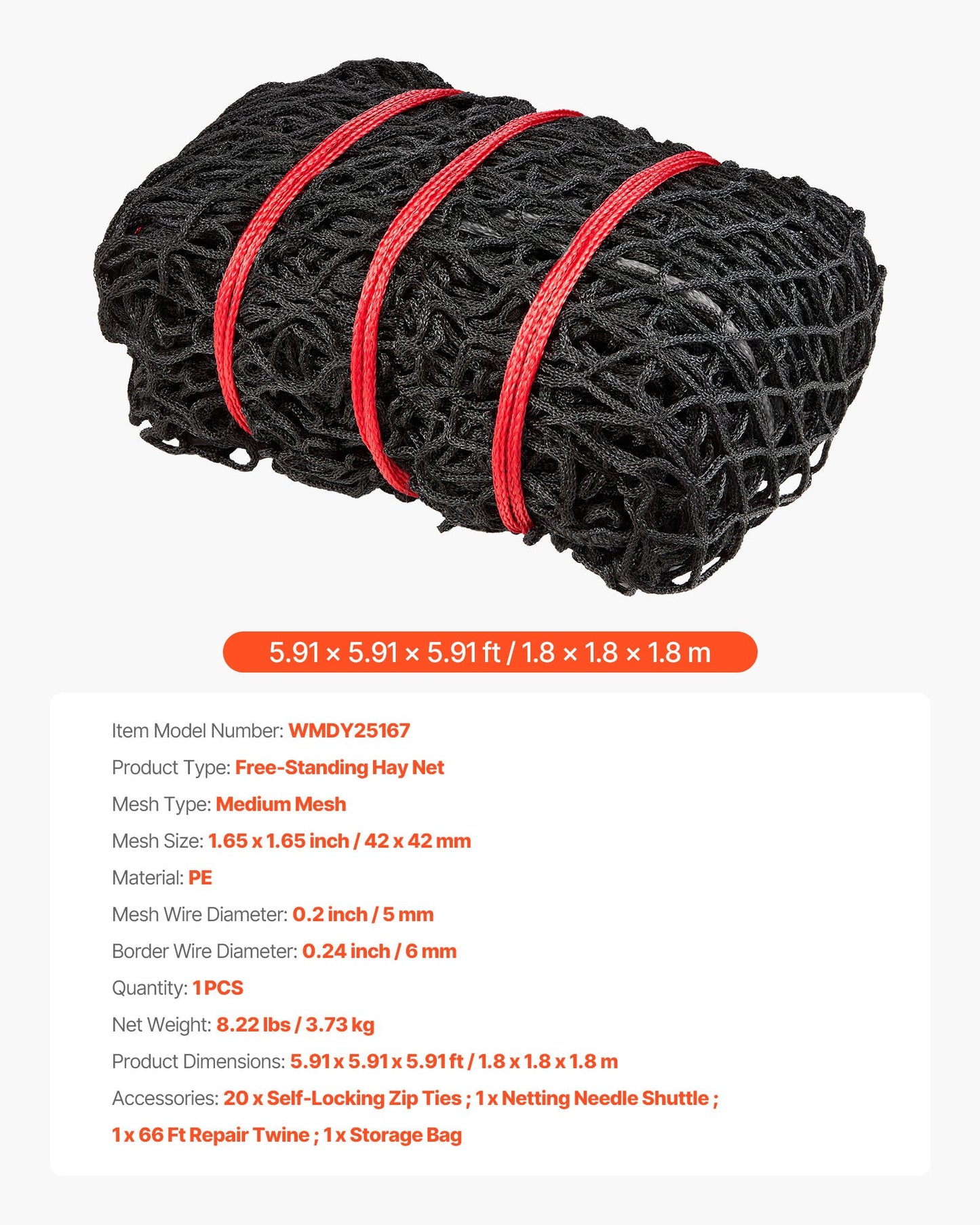 Round Bale Hay Net, 5.91 x 5.91 x 5.91 ft, 1.65 inch Holes, PE Material, Knotless Design, with Zip Ties, Needle Shuttle, Repair Twine and Storage Bag, Slow Feeder Round Bale Net for Horses