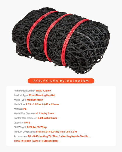 Round Bale Hay Net, 5.91 x 5.91 x 5.91 ft, 1.65 inch Holes, PE Material, Knotless Design, with Zip Ties, Needle Shuttle, Repair Twine and Storage Bag, Slow Feeder Round Bale Net for Horses