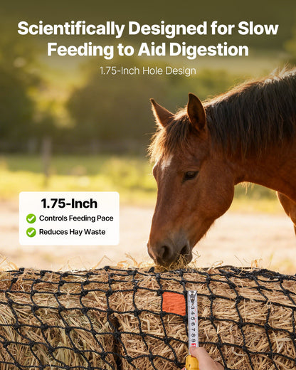Round Bale Hay Net, 4.92 x 4.92 x 4.92 ft, 1.75 inch Holes, PE Material, Reinforced Knotted Design, with Zip Ties, Needle Shuttle, and Repair Twine, Slow Feeder Round Bale Net for Horses