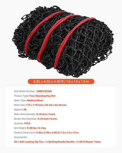 Round Bale Hay Net, 4.92 x 4.92 x 4.92 ft, 1.75 inch Holes, PE Material, Reinforced Knotted Design, with Zip Ties, Needle Shuttle, and Repair Twine, Slow Feeder Round Bale Net for Horses