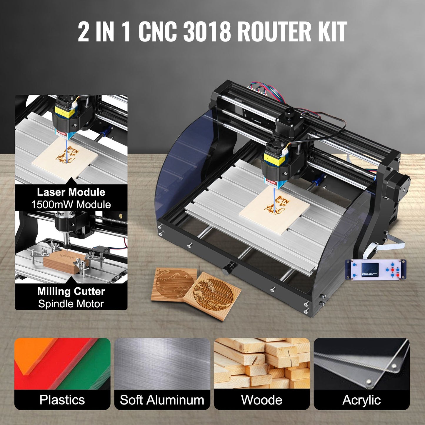 Gravyrmaskin 300×180×45 mm CNC-router CNC 3018 Pro 15W lasergravör GRBL Control 3-axlig lasergraveringsmaskin, med offlinekontroll, för snidning av plast, akryl, PVC, trä