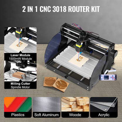 Gravyrmaskin 300×180×45 mm CNC-router CNC 3018 Pro 15W lasergravör GRBL Control 3-axlig lasergraveringsmaskin, med offlinekontroll, för snidning av plast, akryl, PVC, trä