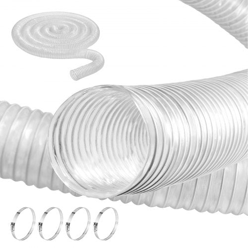 Dust Collection Hose, 2.5'' x 20', Thickened PVC Material Puncture-Resistant Flexible Clear Hose with Carbon Steel Wire Coil 4 x 304 Stainless Clamps, for Table Saw, Band Saw, Planer, Jointer