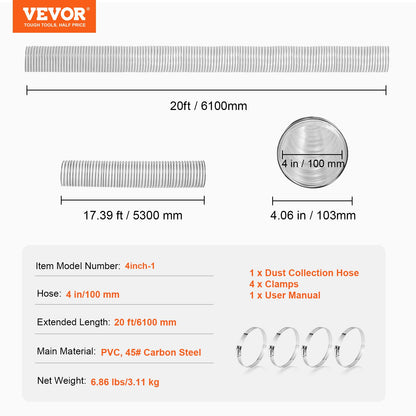 4'' x 20' Staubsammelschlauch, verdickter flexibler transparenter PVC-Schlauch